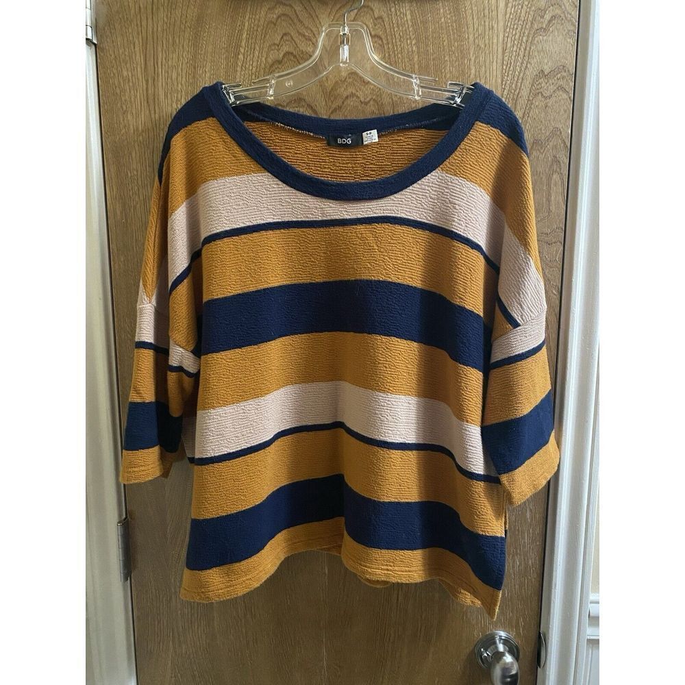 BDG Urban Outfitters Oversized Yellow/Navy Striped 100% Cotton Crop Blouse Sz S